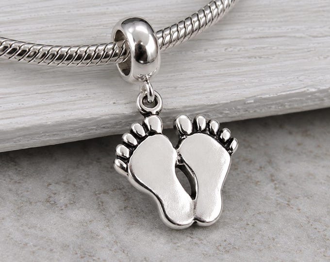 Feet European Charm, Sterling Silver Footprints Dangle Charm, Baby Feet Charm, Snake Bracelet Charm, Large Hole Bead, Baby Shower Gift