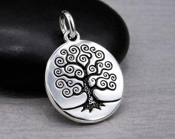 Silver Tree of Life Charm for Necklace or Bracelet, Double-sided Family Tree in Circle Pendant, Spiritual Nature Jewelry