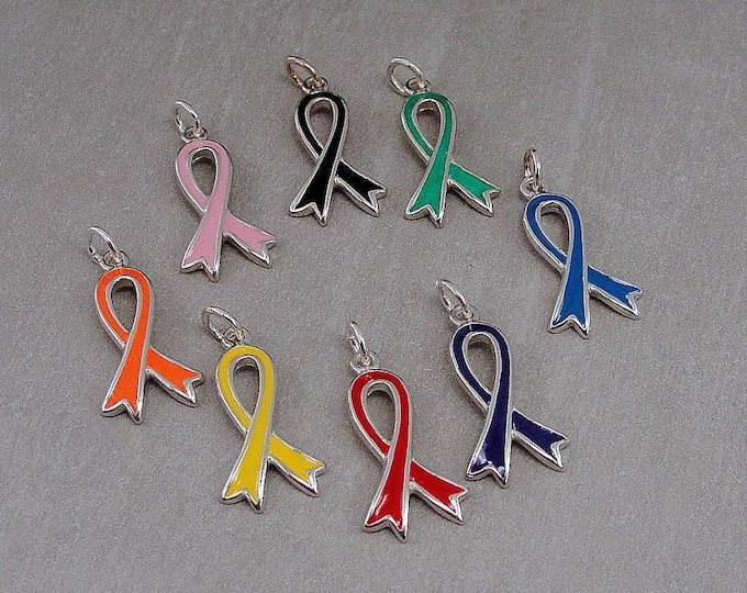 925 Sterling Silver Awareness Ribbon Charms - Pick Your Color - Enameled Orange, Pink, Red, Purple, Teal, Green, Black Awarenes Ribbon Charm