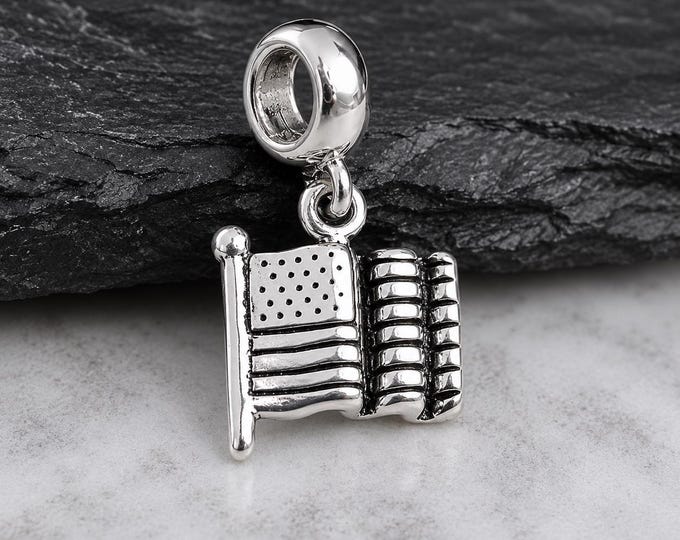 American Flag European Charm, 925 Sterling Silver USA Flag Dangle Charm, USA Flag Charm with Bail, Patriotic Charm, Large Hole Bead