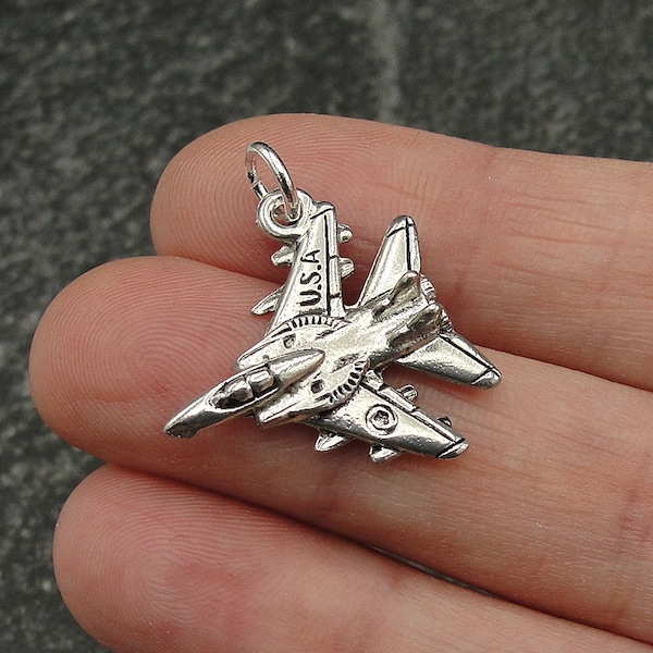 USA Fight Jet Charm, Silver Fighter Jet Necklace Charm, Military Aircraft Charm, Military Fighter Plane Charm, Fighter Aircraft Charm