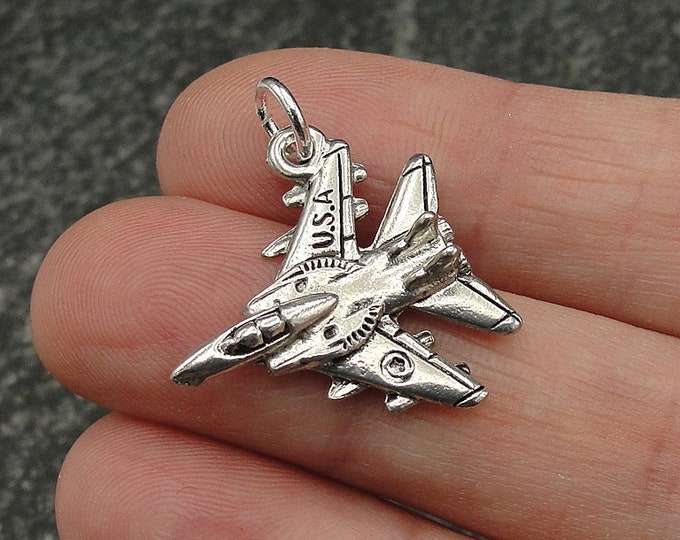 USA Fight Jet Charm, Silver Fighter Jet Necklace Charm, Military Aircraft Charm, Military Fighter Plane Charm, Fighter Aircraft Charm