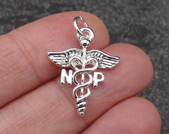 Silver Nurse Practitioner Charm, NP Caduceus Charm, NP Symbol Charm, Nurse Jewelry, Nurse Necklace Charm, Bracelet Charm, Nurse Gift