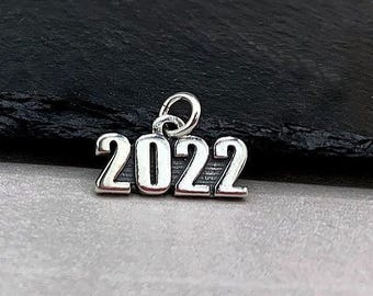 CLOSEOUT, Sterling Silver Year 2022 Charm, 2022 Pendant, 2022 Graduation Charm, Class of 2022 Charm, Bracelet Charm, Graduation Gift