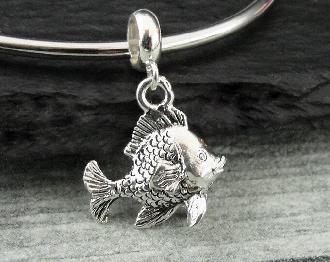 Tropical Fish European Charm, Silver Fish Dangle Charm, Goldfish Charm with Bail, Sunfish Charm, Snake Bracelet Charm, Large Hole Bead