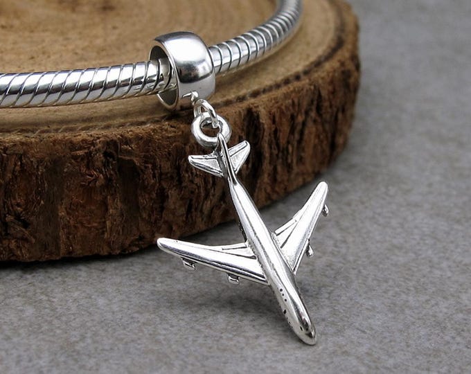 Airplane European Charm, Sterling Silver 3D Airplane Charm, Jet Plane Charm with Bail, Snake Bracelet Charm, Large Hole Bead, Airplane Gift