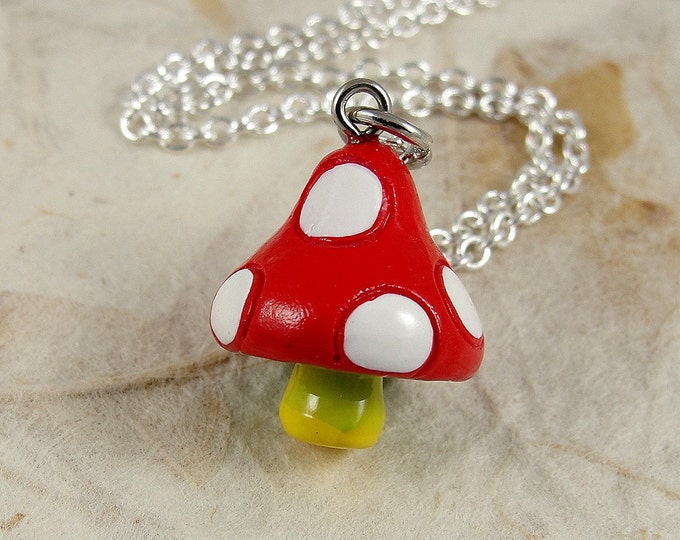 Red Spotted Mushroom Necklace, Mushroom Toadstool Charm on a Silver Cable Chain