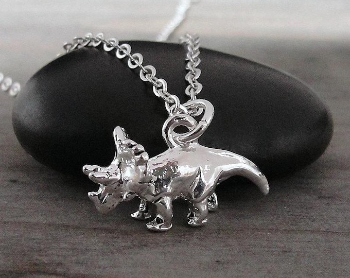 Tricertops Necklace, Silver Plated 3D Tricertops Charm Necklace, Dinosaur Charm Necklace, Prehistoric Charm, Tricertops Gift, Dinosaur Gift