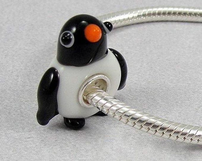 Penguin Large Hole Lampwork Glass Bead - 925 Sterling Silver European Bead Charm