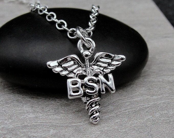 BSN Necklace, Silver BSN Nurse Charm Necklace, BSN Caduceus Symbol Necklace, Bachelor of Science Nursing Charm, Registered Nurse Gift