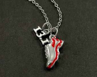 CLOSEOUT, Half Marathon Running Shoe Necklace, Silver and Red 13.1 Half Marathon Shoe Charm on a Silver Cable Chain