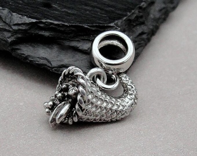 Cornucopia European Charm, Silver 3D Cornucopia Dangle Charm, Horn of Plenty Charm, Thanksgiving Charm, Cornucopia Large Hole Bead