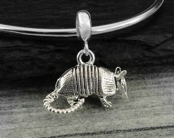 Silver Armadillo Dangle Charm, Texas Armadillo Charm, Texas Charm, Texas Dangle Bead, Armadillo Bracelet Charm, Large Hole Bead