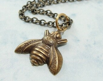 Bumble Bee Necklace, Antique Bronze Bumble Bee Charm on a Bronze Cable Chain