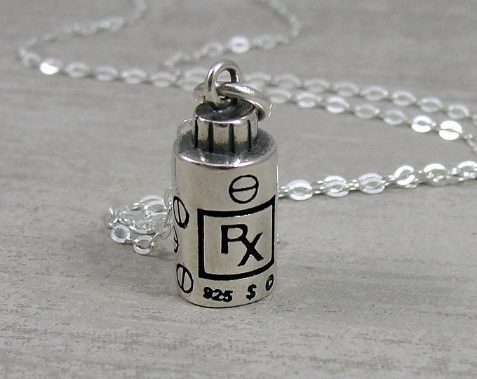 Sterling Silver 3D RX Pill Bottle Necklace Pharmacy RX Charm Etsy