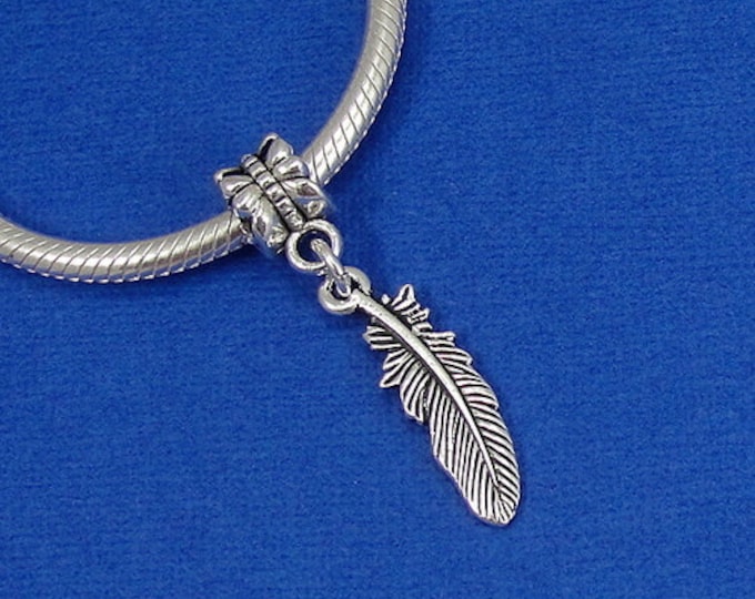 Feather European Dangle Bead Charm - Silver Feather Charm for European Bracelet