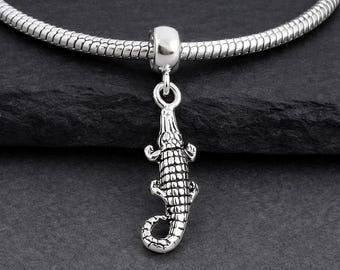 925 Sterling Silver Alligator European Charm, Crocodile Dangle Bead, Gator Pendant with Bail, Reptile Jewelry, Large Hole Bead