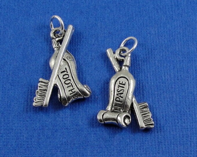 Toothbrush and Toothpaste Charm - Silver Toothbrush Charm for Necklace or Bracelet