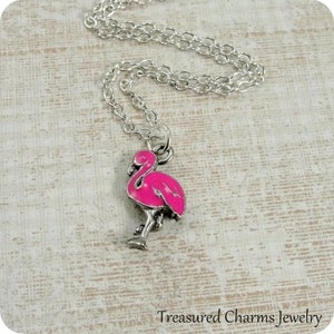 Pink Flamingo Necklace, Silver and Enameled Pink Flamingo Charm on a Silver Cable Chain