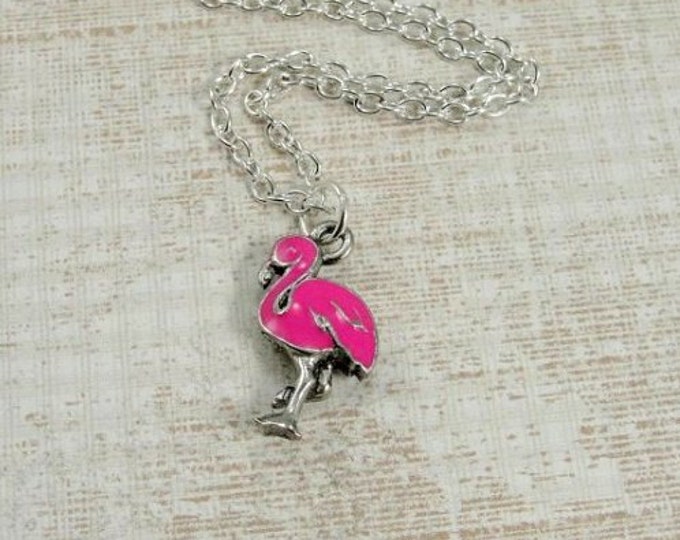 Pink Flamingo Necklace, Silver and Enameled Pink Flamingo Charm on a Silver Cable Chain