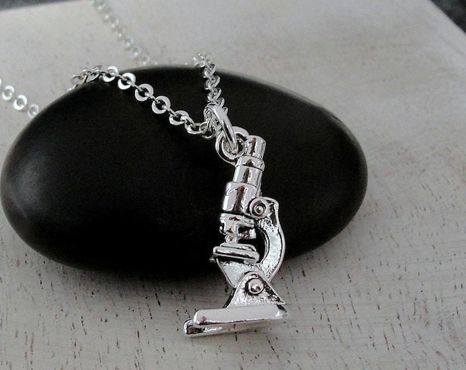 Microscope Necklace, Silver Plated 3D Microscope Charm Necklace, Science Lab Necklace, Medical Research Charm Necklace, Biology Necklace