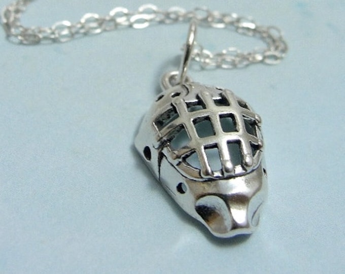 Hockey Goalie Mask Necklace, Sterling Silver Hockey Mask Charm on a Silver Cable Chain