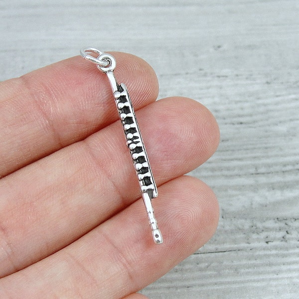 Flute Charm, 925 Sterling Silver 3D Flute Necklace Charm, Musical Instrument Charm, Woodwind Charm, Flutist Charm, Flute Player Gift Jewelry