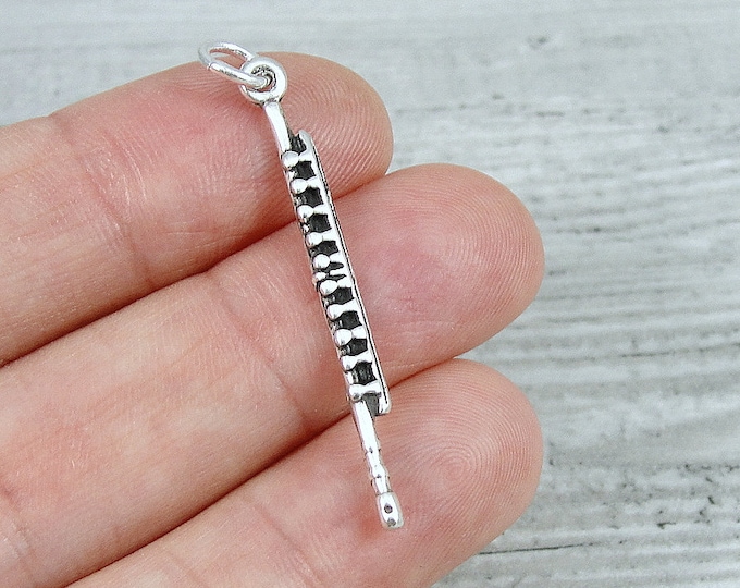 Flute Charm, 925 Sterling Silver 3D Flute Necklace Charm, Musical Instrument Charm, Woodwind Charm, Flutist Charm, Flute Player Gift Jewelry