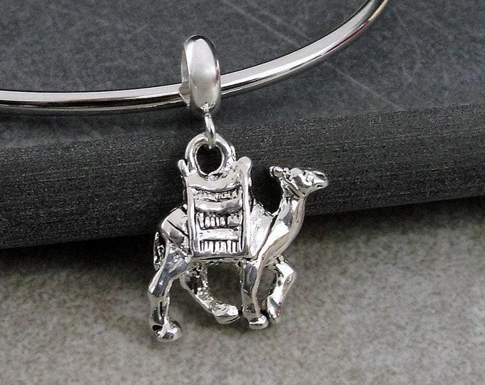 Camel European Charm, Silver 3D Camel Dangle Charm, Camel Charm with Bail, Desert Animal Charm, Snake Bracelet Charm, Large Hole Bead