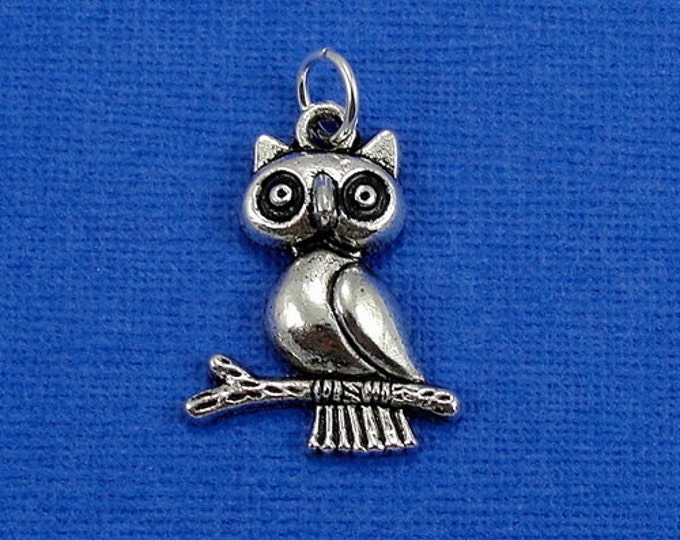 Owl on Branch Charm - Silver Plated Owl Charm for Necklace or Bracelet