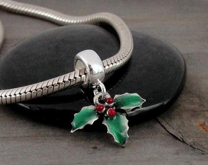 Holly Berries European Charm, Holly Berry Dangle Charm, Christmas Charm with Bail, Mistletoe Charm, Green and Red Holly Berries Charm