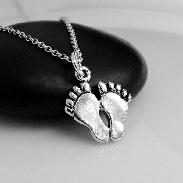 Sterling Silver Feet Necklace, Footprints Charm Necklace, Baby Feet Necklace, Barefoot Charm Necklace, Baby Shower Gift, Newborn Gift