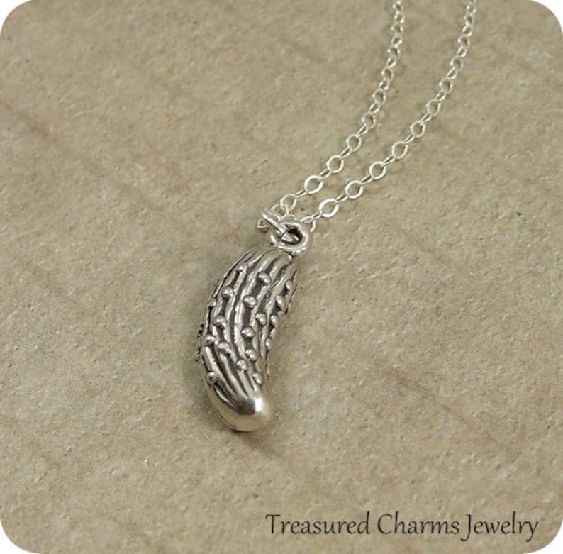 Silver Pickle Charm on a Sterling Silver Cable Chain Pickle or Cucumber Necklace