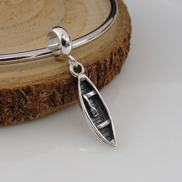 Canoe European Charm, 925 Sterling Silver Canoe Dangle Charm, Row Boat Charm with Bail, Kayak Charm, Snake Bracelet Charm, Large Hole Bead