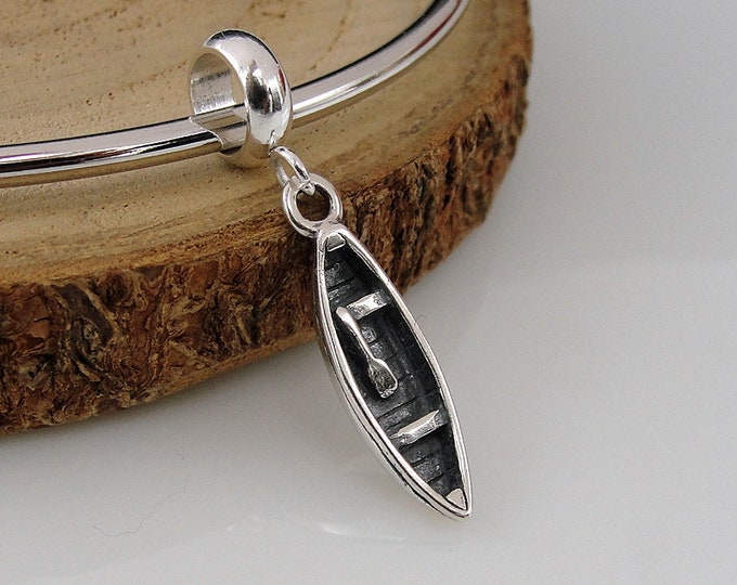 Canoe European Charm, 925 Sterling Silver Canoe Dangle Charm, Row Boat Charm with Bail, Kayak Charm, Snake Bracelet Charm, Large Hole Bead