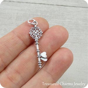 Filigree Double Heart Key Charm - Sterling Heart Key Charm for Necklace or Bracelet