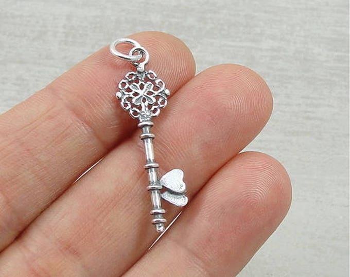 Filigree Double Heart Key Charm - Sterling Heart Key Charm for Necklace or Bracelet
