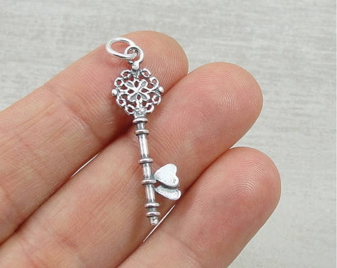 Filigree Double Heart Key Charm - Sterling Heart Key Charm for Necklace or Bracelet