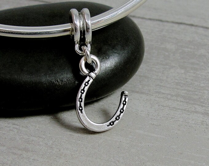 Silver Horseshoe European Dangle Bead Charm, Lucky Horseshoe Charm, Good Luck Charm, Large Hole Bead, Big Hole Bead