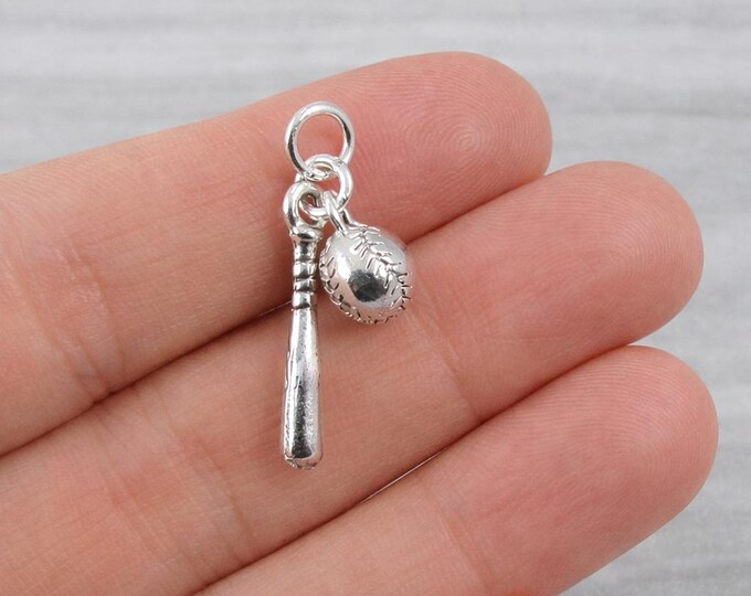 Silver 3D Baseball Bat and Ball Charm for Necklace or Bracelet, Softball Pendant Gift Jewelry