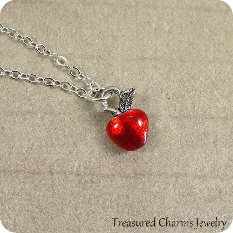 Tiny Red Apple Necklace, Silver Plated Red Apple Charm on a Silver Cable Chain image 1