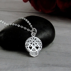 CLOSEOUT - Silver Sugar Skull Necklace, Candy Skull Charm Necklace, Day of the Dead Charm Necklace, Halloween Necklace Jewelry