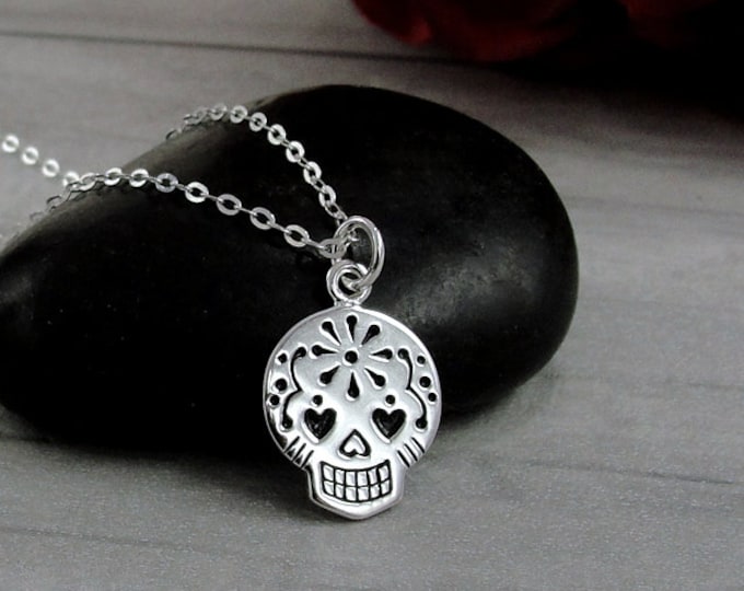 CLOSEOUT - Silver Sugar Skull Necklace, Candy Skull Charm Necklace, Day of the Dead Charm Necklace, Halloween Necklace Jewelry