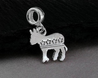 Democrat Donkey European Charm, Silver Democrat Dangle Charm, Democrat Charm with Bail, Liberal Party Charm, Large Hole Bead, Democrat Gift