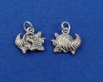 Silver Cornucopia Charm, Cornucopia Pendant, Horn of Plenty Charm, Fall Harvest Charm, Thanksgiving Charm Jewelry for Necklace or Bracelet