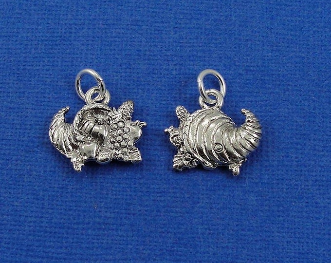 Silver Cornucopia Charm, Cornucopia Pendant, Horn of Plenty Charm, Fall Harvest Charm, Thanksgiving Charm Jewelry for Necklace or Bracelet