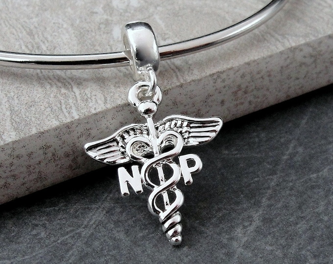 Silver NP Caduceus Dangle Charm, NP Nurse Symbol Charm, Nurse Practitioner Charm, Nurse Dangle Charm, Large Hole Bead, Nurse Gift