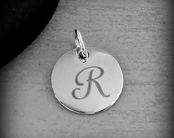 Stainless Steel Letter R Charm, Silver Engraved Letter R Round Disc Initial Charm, Cursive R Charm, Engraved Alphabet Script Font Pendant