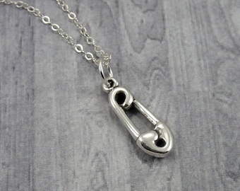 Solid Sterling Silver Safety Pin Charm Brooch - Made In Italy, 1 7/8 Inches, Excellent Polish