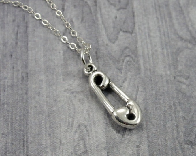 Safety Pin or Diaper Pin Necklace, Sterling Silver Safety Pin Charm on a Silver Cable Chain
